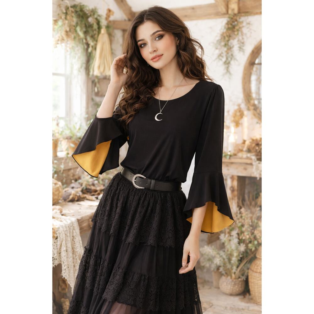 Liquid Knit Bell Sleeve Whimsigoth Top with Golden Honey Lined Cuffs
